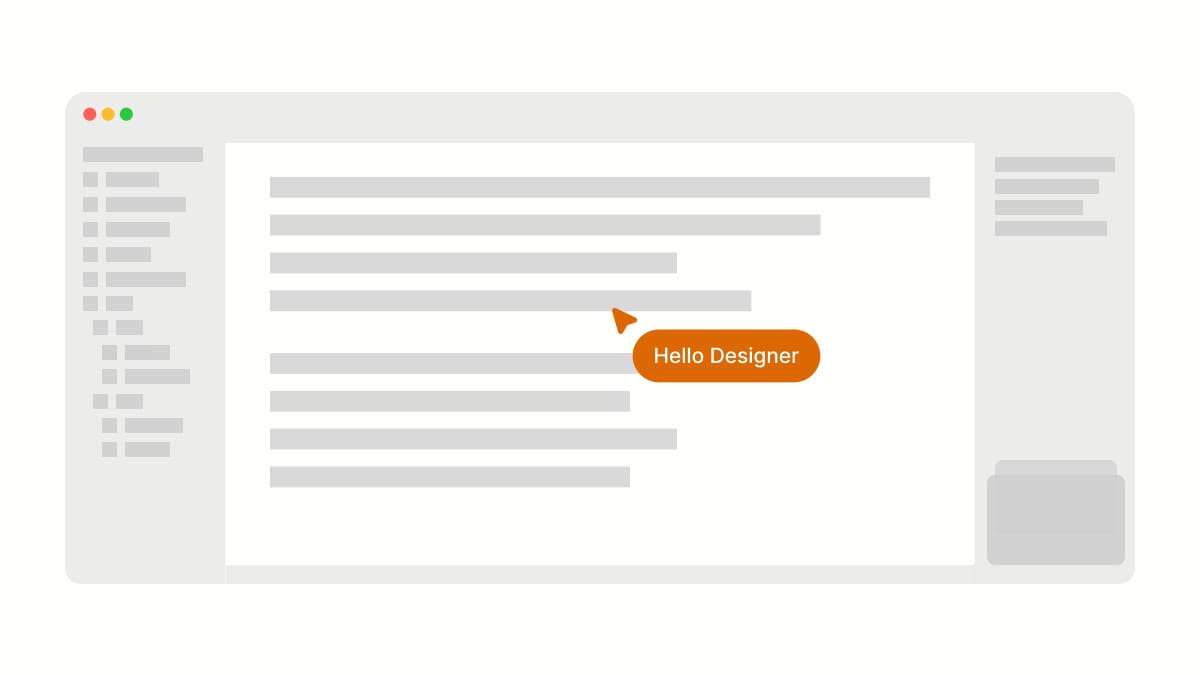 An abstracted image of a code editor with a multiplayer cursor ala Figma that says "Hello Designer" 
